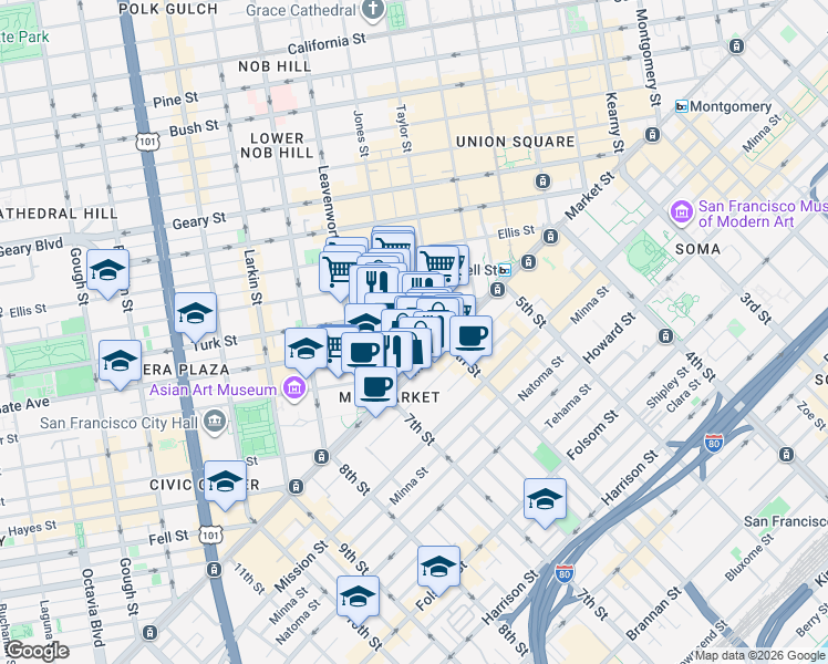map of restaurants, bars, coffee shops, grocery stores, and more near 90 Jones Street in San Francisco