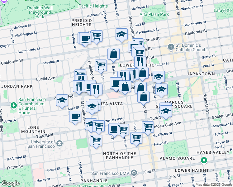 map of restaurants, bars, coffee shops, grocery stores, and more near 2375 O'Farrell Street in San Francisco