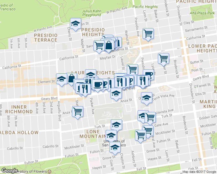map of restaurants, bars, coffee shops, grocery stores, and more near in San Francisco