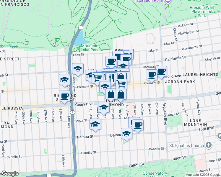 map of restaurants, bars, coffee shops, grocery stores, and more near 342 8th Avenue in San Francisco