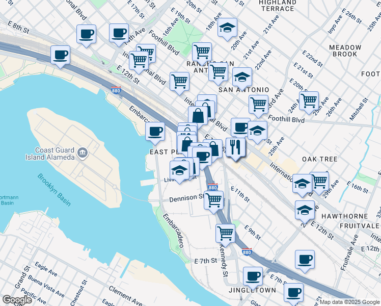 map of restaurants, bars, coffee shops, grocery stores, and more near 1045 22nd Avenue in Oakland