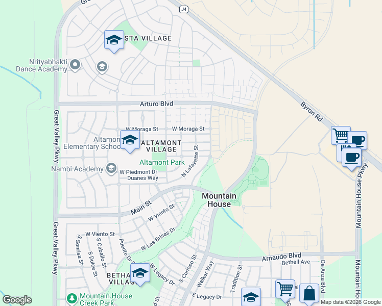 map of restaurants, bars, coffee shops, grocery stores, and more near 215 West Arcadia Street in Tracy