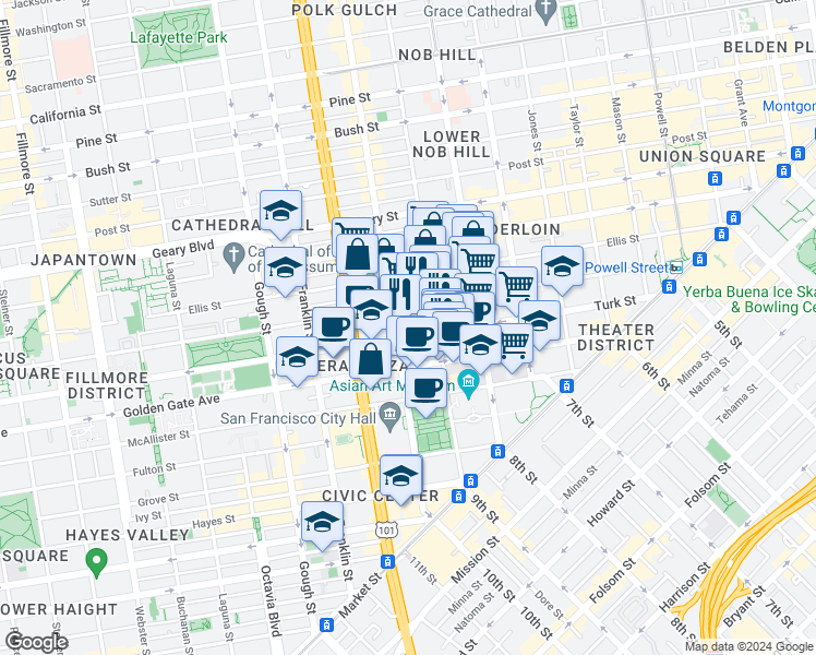 map of restaurants, bars, coffee shops, grocery stores, and more near 610 Polk St in San Francisco