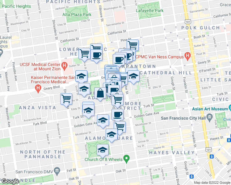 map of restaurants, bars, coffee shops, grocery stores, and more near 1406 Fillmore Street in San Francisco