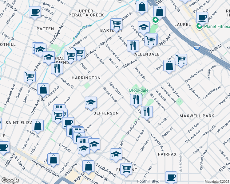 map of restaurants, bars, coffee shops, grocery stores, and more near 3927 Agua Vista Street in Oakland