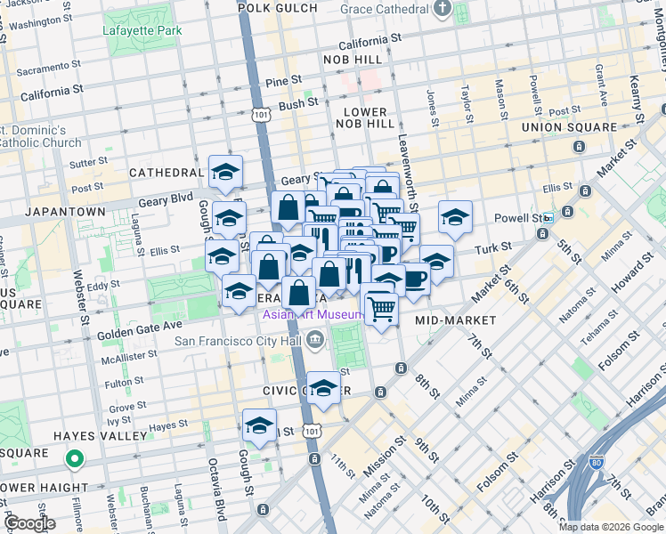 map of restaurants, bars, coffee shops, grocery stores, and more near 450 Golden Gate Avenue in San Francisco