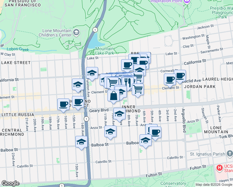 map of restaurants, bars, coffee shops, grocery stores, and more near 325 9th Avenue in San Francisco