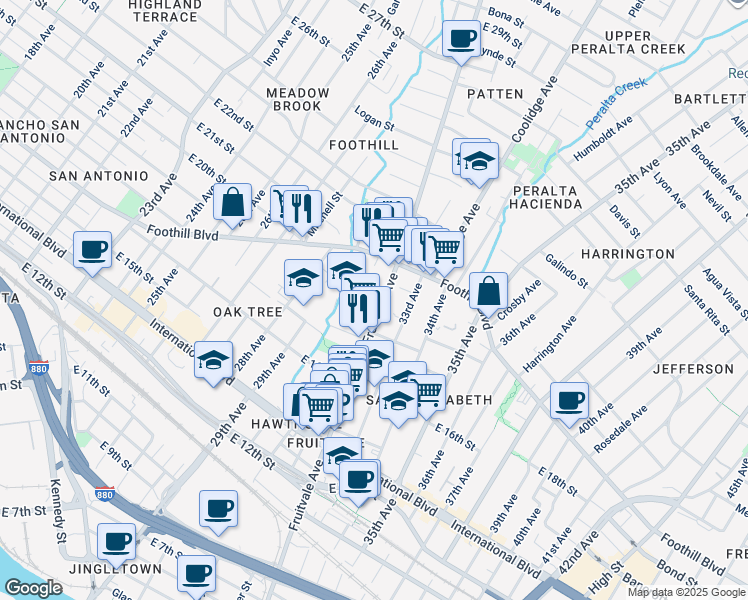 map of restaurants, bars, coffee shops, grocery stores, and more near 1821 Fruitvale Avenue in Oakland