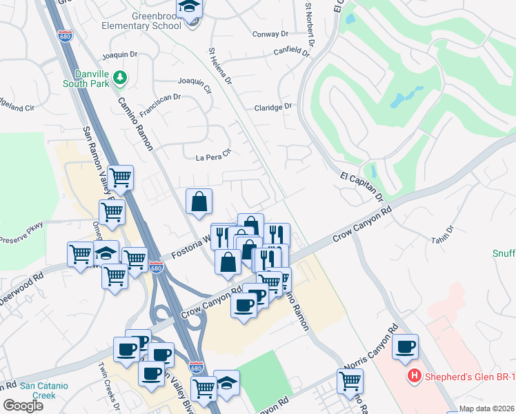 map of restaurants, bars, coffee shops, grocery stores, and more near 2061 Fostoria Circle in Danville