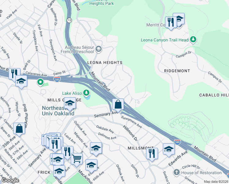 map of restaurants, bars, coffee shops, grocery stores, and more near 4101 Mountain View Avenue in Oakland