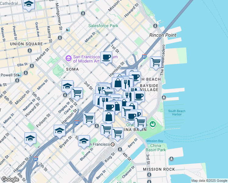 map of restaurants, bars, coffee shops, grocery stores, and more near 78 South Park Street in San Francisco