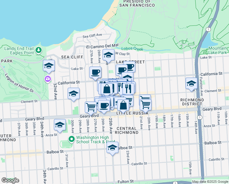 map of restaurants, bars, coffee shops, grocery stores, and more near 375 24th Avenue in San Francisco
