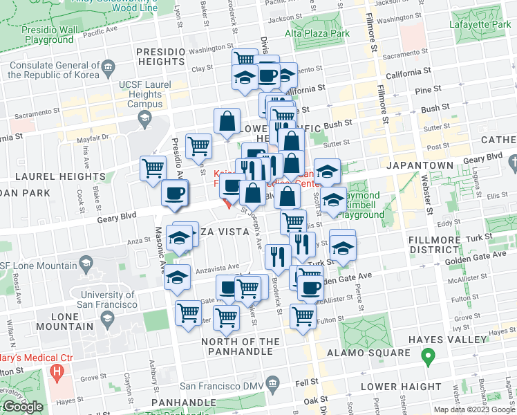 map of restaurants, bars, coffee shops, grocery stores, and more near 2200 O'Farrell Street in San Francisco