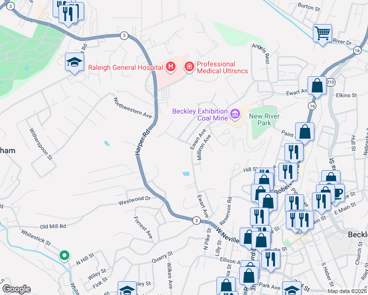 map of restaurants, bars, coffee shops, grocery stores, and more near 230 Circle Avenue in Beckley