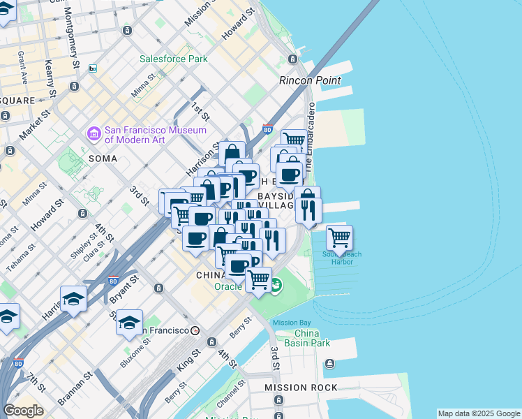 map of restaurants, bars, coffee shops, grocery stores, and more near 275 Brannan Street in San Francisco