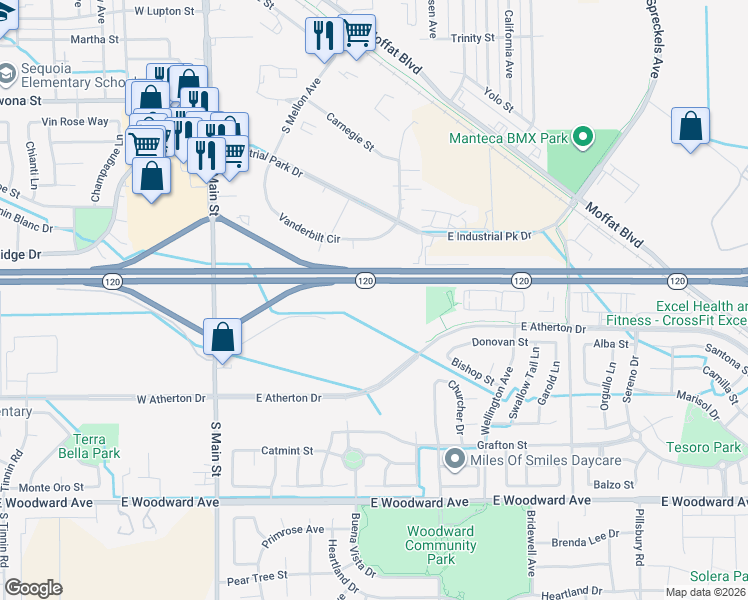map of restaurants, bars, coffee shops, grocery stores, and more near 490 Quintal Road in Manteca