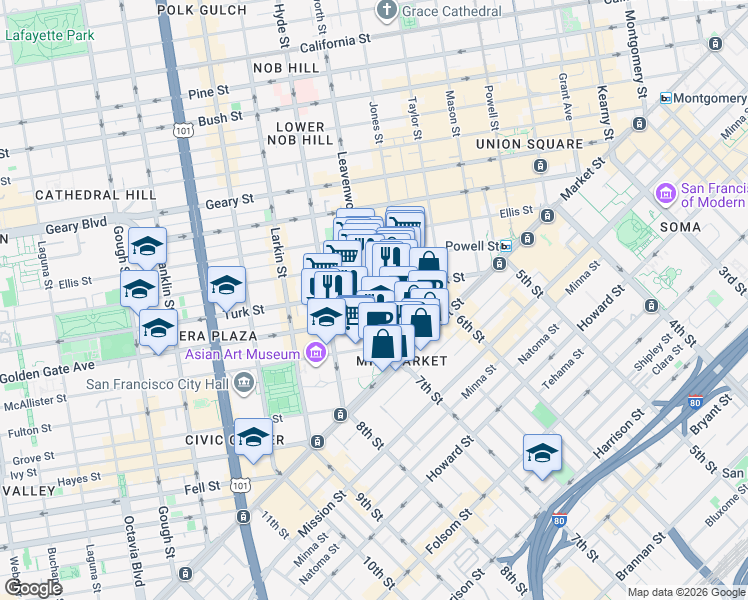 map of restaurants, bars, coffee shops, grocery stores, and more near 168 Golden Gate Avenue in San Francisco