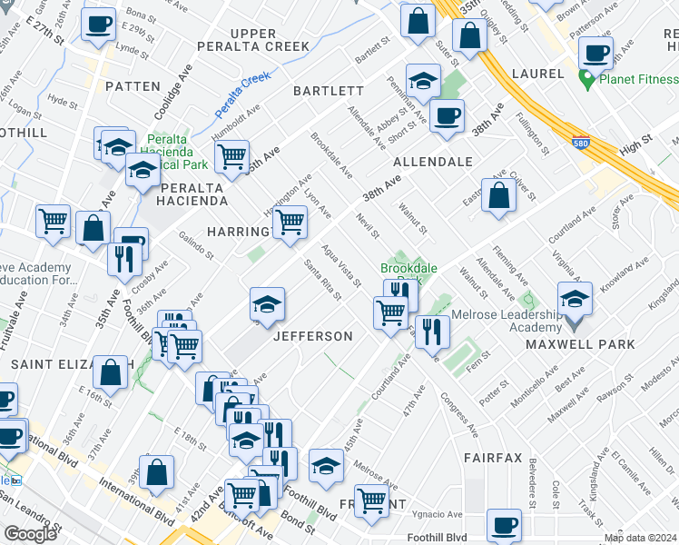 map of restaurants, bars, coffee shops, grocery stores, and more near 3927 Agua Vista Street in Oakland