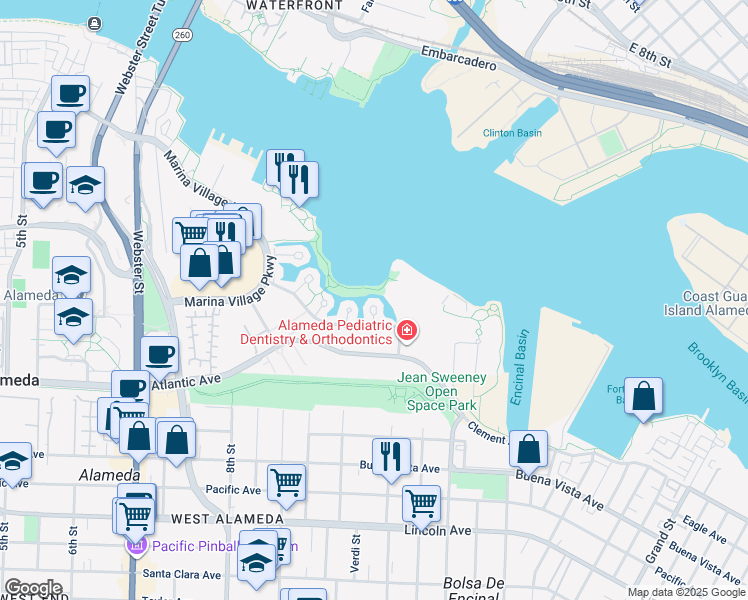 map of restaurants, bars, coffee shops, grocery stores, and more near 23 Redondo Court in Alameda