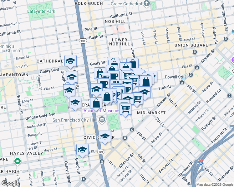 map of restaurants, bars, coffee shops, grocery stores, and more near 500 Larkin Street in San Francisco