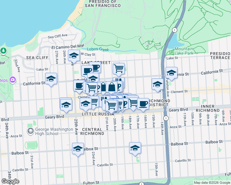 map of restaurants, bars, coffee shops, grocery stores, and more near 1832 Clement Street in San Francisco