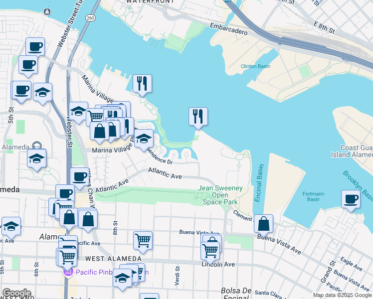 map of restaurants, bars, coffee shops, grocery stores, and more near 23 Redondo Court in Alameda