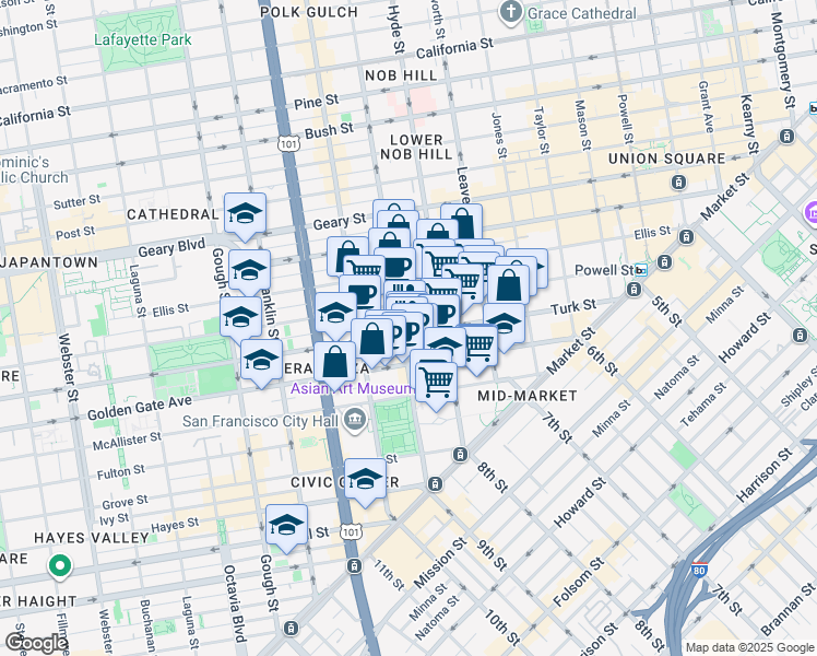 map of restaurants, bars, coffee shops, grocery stores, and more near 500 Larkin Street in San Francisco