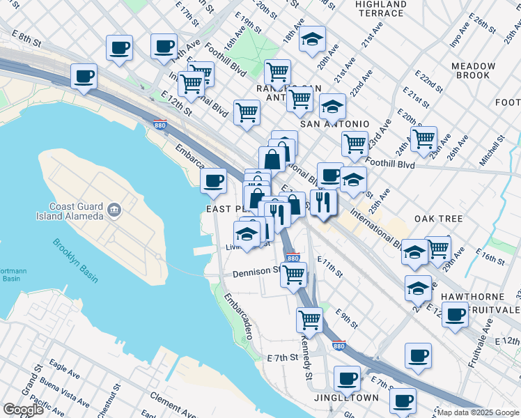 map of restaurants, bars, coffee shops, grocery stores, and more near 1035 22nd Avenue in Oakland