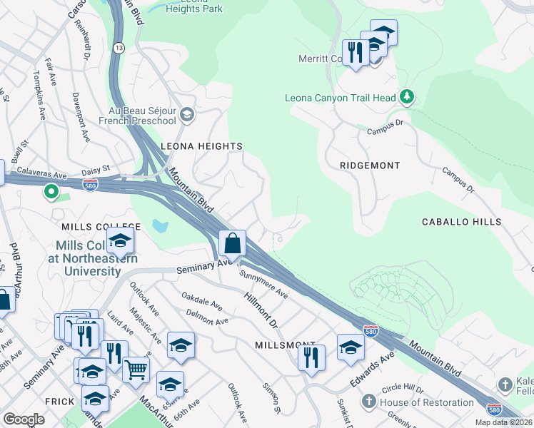 map of restaurants, bars, coffee shops, grocery stores, and more near 6210 Leona Street in Oakland