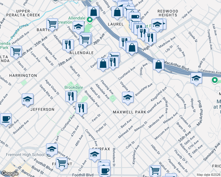 map of restaurants, bars, coffee shops, grocery stores, and more near 4421 Fleming Avenue in Oakland