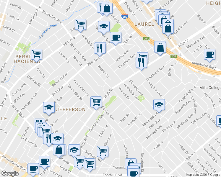 map of restaurants, bars, coffee shops, grocery stores, and more near 2533 High Street in Oakland