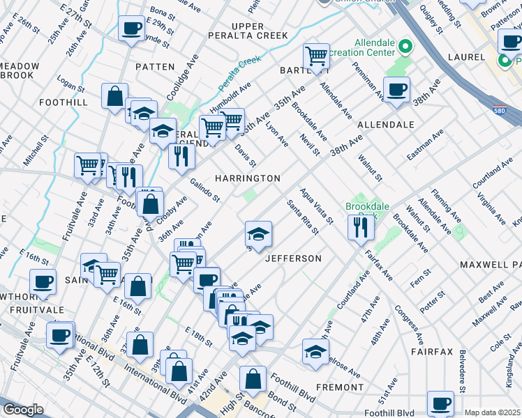 map of restaurants, bars, coffee shops, grocery stores, and more near 2178 38th Avenue in Oakland