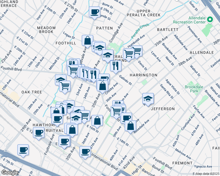 map of restaurants, bars, coffee shops, grocery stores, and more near 3518 Crosby Avenue in Oakland