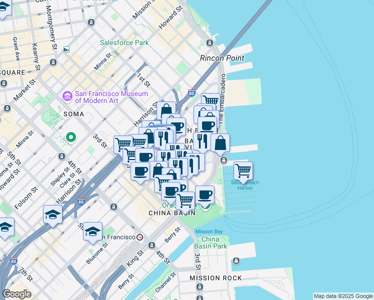 map of restaurants, bars, coffee shops, grocery stores, and more near 275 Brannan Street in San Francisco