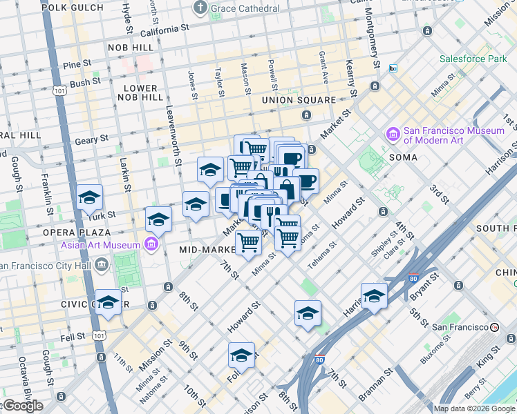 map of restaurants, bars, coffee shops, grocery stores, and more near 486 Jessie Street in San Francisco