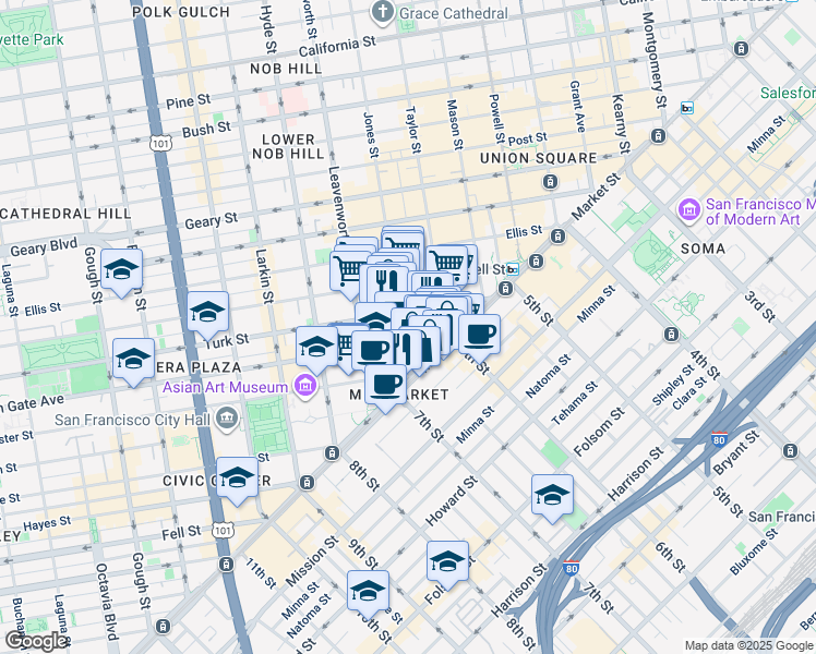 map of restaurants, bars, coffee shops, grocery stores, and more near 1056 Market Street in San Francisco