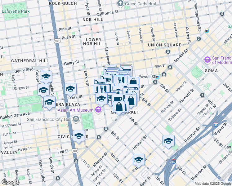 map of restaurants, bars, coffee shops, grocery stores, and more near 168 Golden Gate Avenue in San Francisco