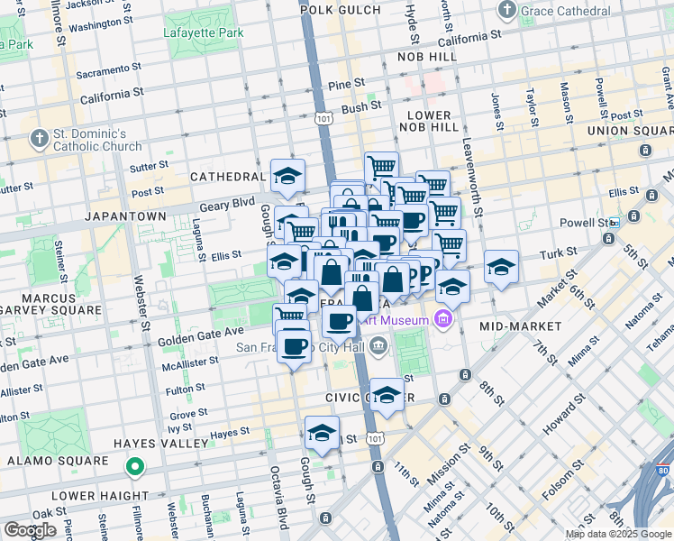 map of restaurants, bars, coffee shops, grocery stores, and more near 701 Van Ness Avenue in San Francisco