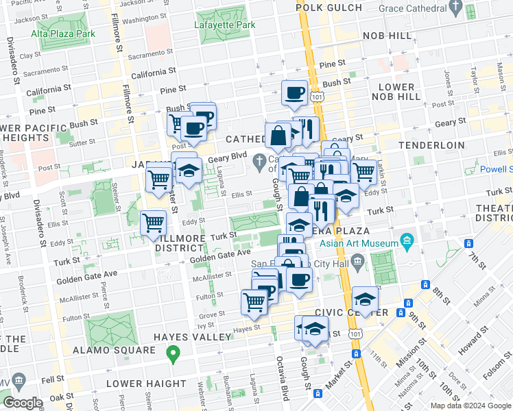 map of restaurants, bars, coffee shops, grocery stores, and more near Eddy Street in San Francisco