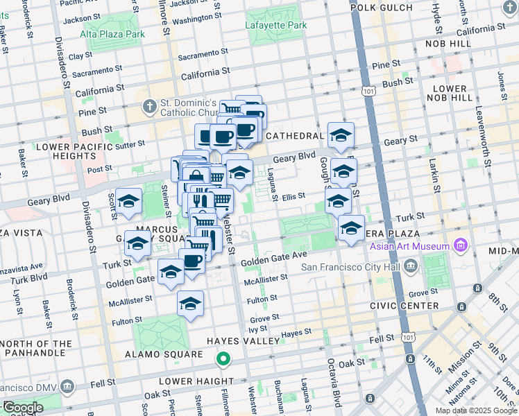 map of restaurants, bars, coffee shops, grocery stores, and more near 1278 Eddy Street in San Francisco