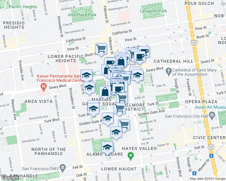 map of restaurants, bars, coffee shops, grocery stores, and more near 1375 Fillmore Street in San Francisco