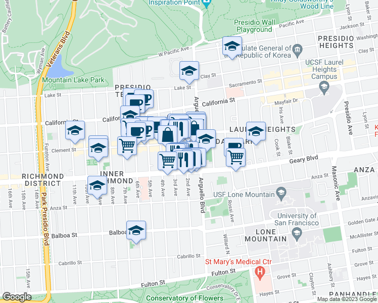 map of restaurants, bars, coffee shops, grocery stores, and more near 3732 Geary Boulevard in San Francisco
