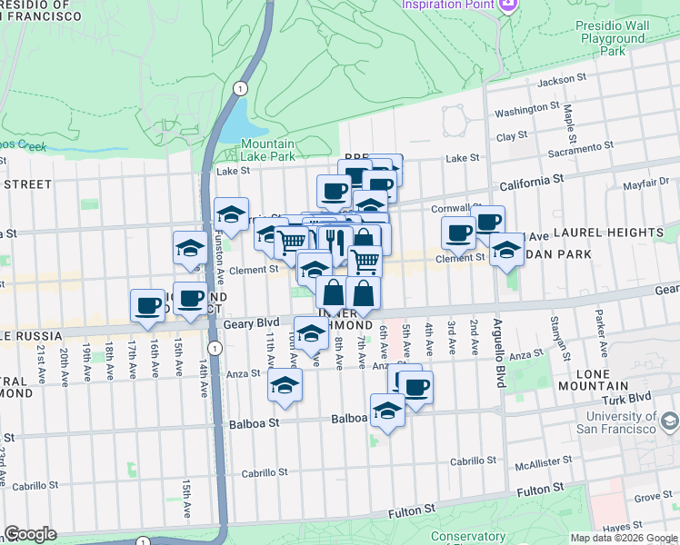 map of restaurants, bars, coffee shops, grocery stores, and more near 342 8th Avenue in San Francisco