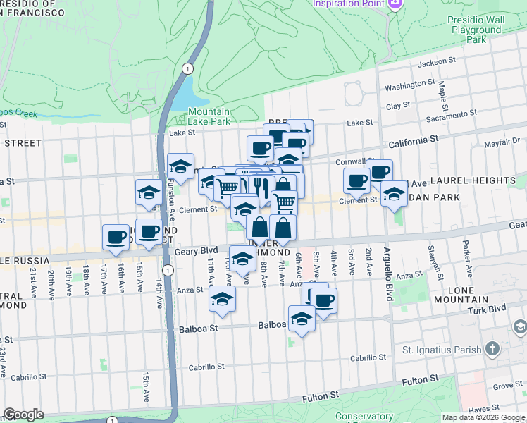 map of restaurants, bars, coffee shops, grocery stores, and more near 342 8th Avenue in San Francisco