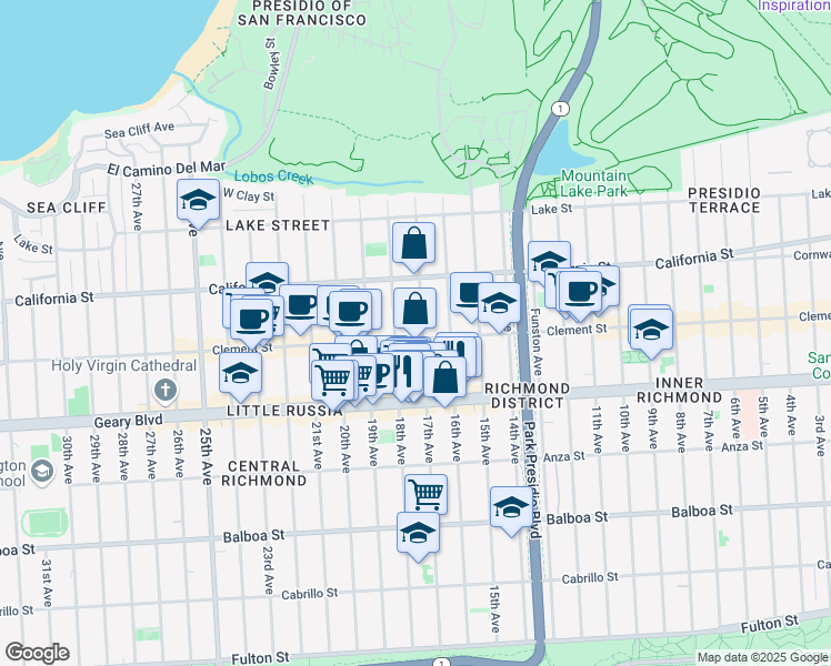 map of restaurants, bars, coffee shops, grocery stores, and more near 319 17th Avenue in San Francisco