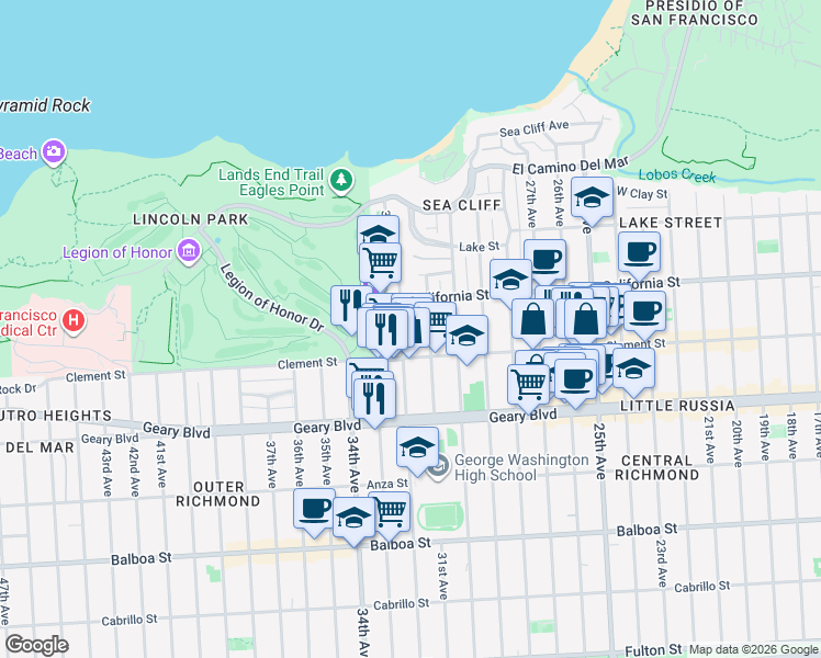 map of restaurants, bars, coffee shops, grocery stores, and more near 395 31st Avenue in San Francisco