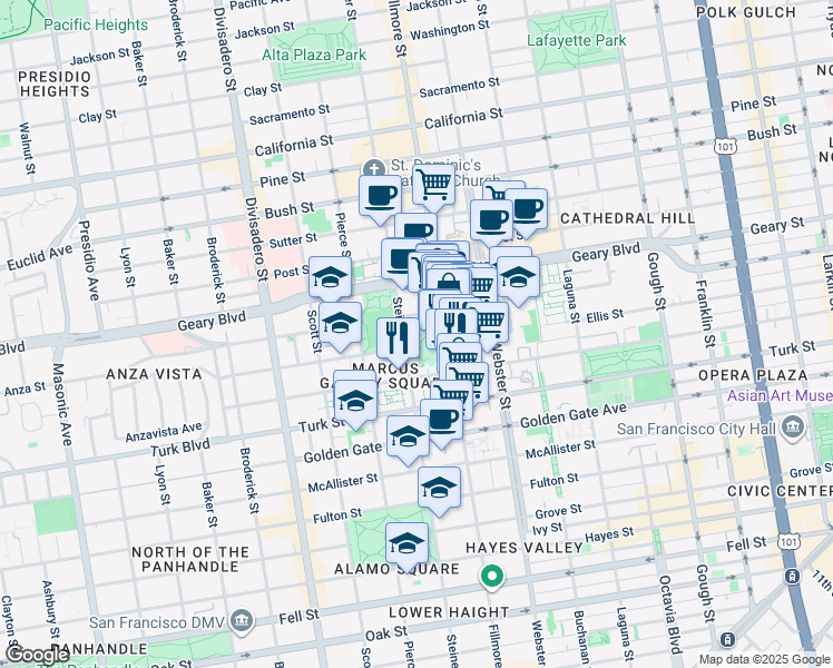 map of restaurants, bars, coffee shops, grocery stores, and more near 1475 Fillmore Street in San Francisco