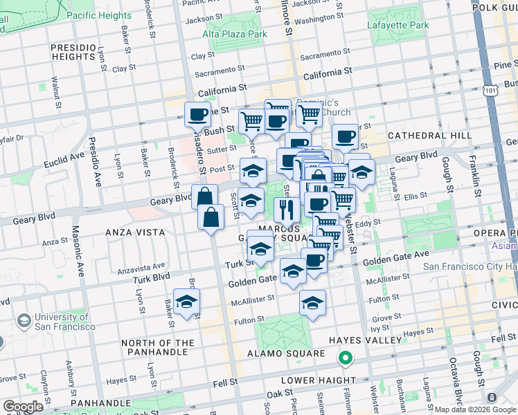 map of restaurants, bars, coffee shops, grocery stores, and more near 1339 Pierce Street in San Francisco