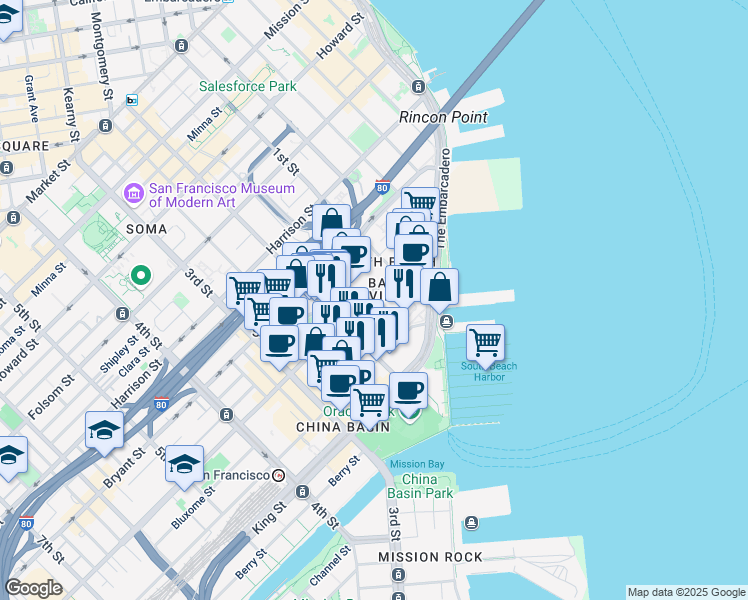 map of restaurants, bars, coffee shops, grocery stores, and more near 275 Brannan Street in San Francisco