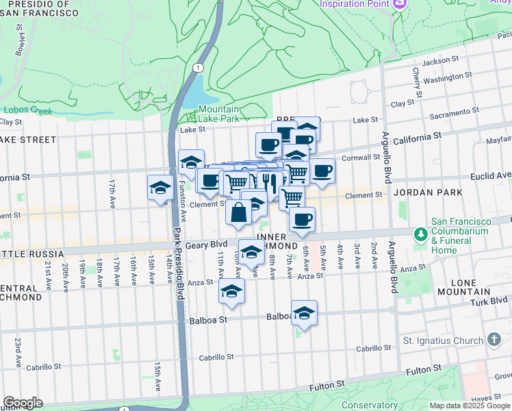 map of restaurants, bars, coffee shops, grocery stores, and more near 325 9th Avenue in San Francisco